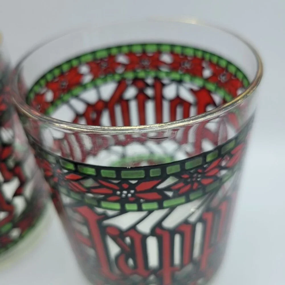 Houze Happy‎ Holidays Stained Glasses Cups Red Green Gold Poinsettia Christmas